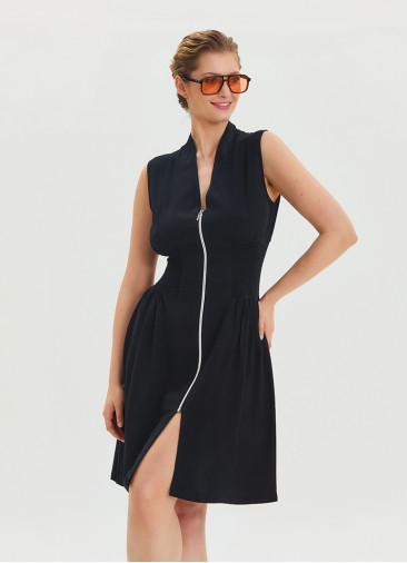 Black Summer Dress with Stand Collar and Zipper Detail 4442